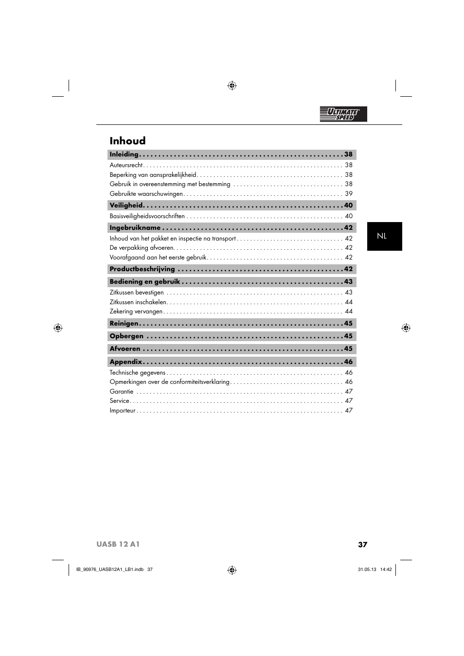 Inhoud | Ultimate Speed UASB 12 A1 User Manual | Page 40 / 63