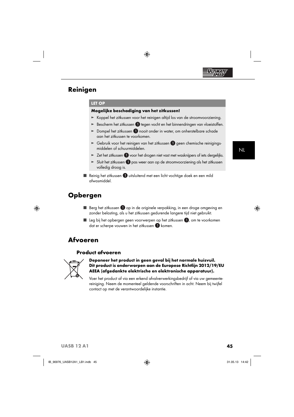 Reinigen, Opbergen, Afvoeren | Product afvoeren | Ultimate Speed UASB 12 A1 User Manual | Page 48 / 63