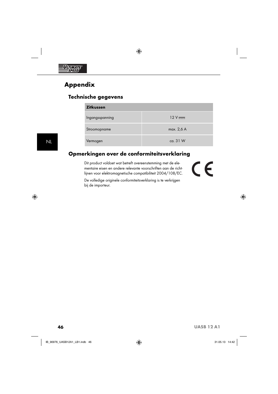 Appendix, Technische gegevens, Opmerkingen over de conformiteitsverklaring | Ultimate Speed UASB 12 A1 User Manual | Page 49 / 63