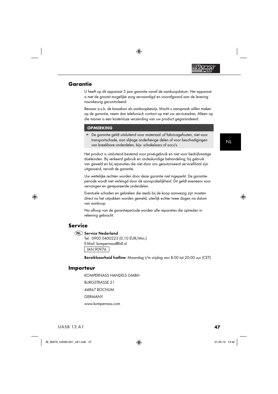Garantie, Service, Importeur | Ultimate Speed UASB 12 A1 User Manual | Page 50 / 63
