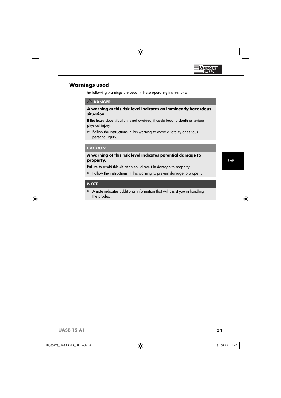 Warnings used | Ultimate Speed UASB 12 A1 User Manual | Page 54 / 63