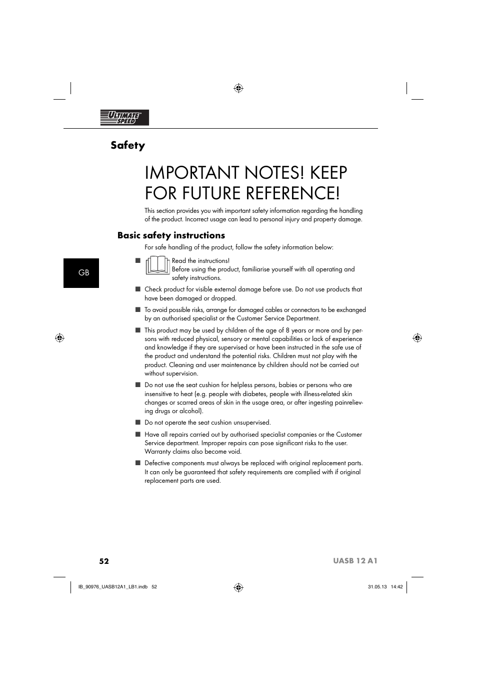 Safety, Basic safety instructions | Ultimate Speed UASB 12 A1 User Manual | Page 55 / 63