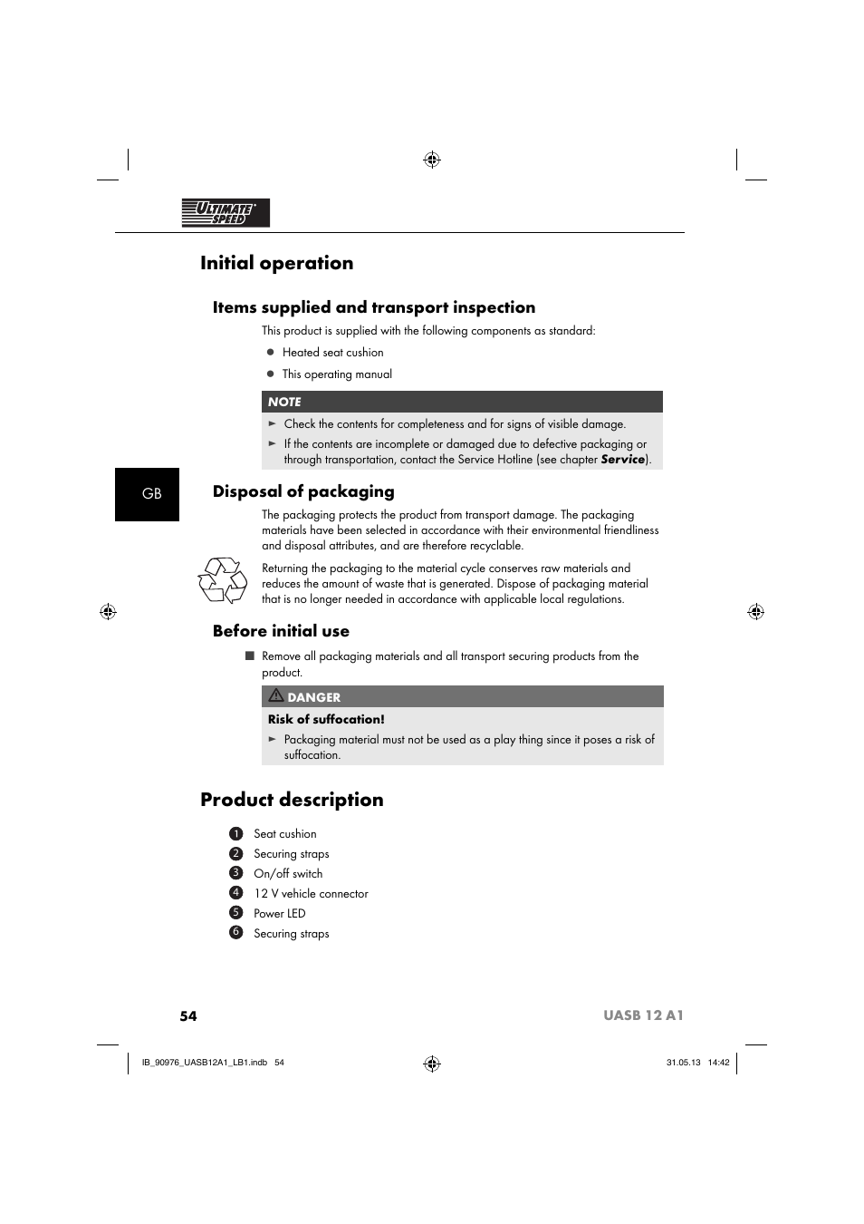 Initial operation, Product description, Items supplied and transport inspection | Disposal of packaging, Before initial use | Ultimate Speed UASB 12 A1 User Manual | Page 57 / 63