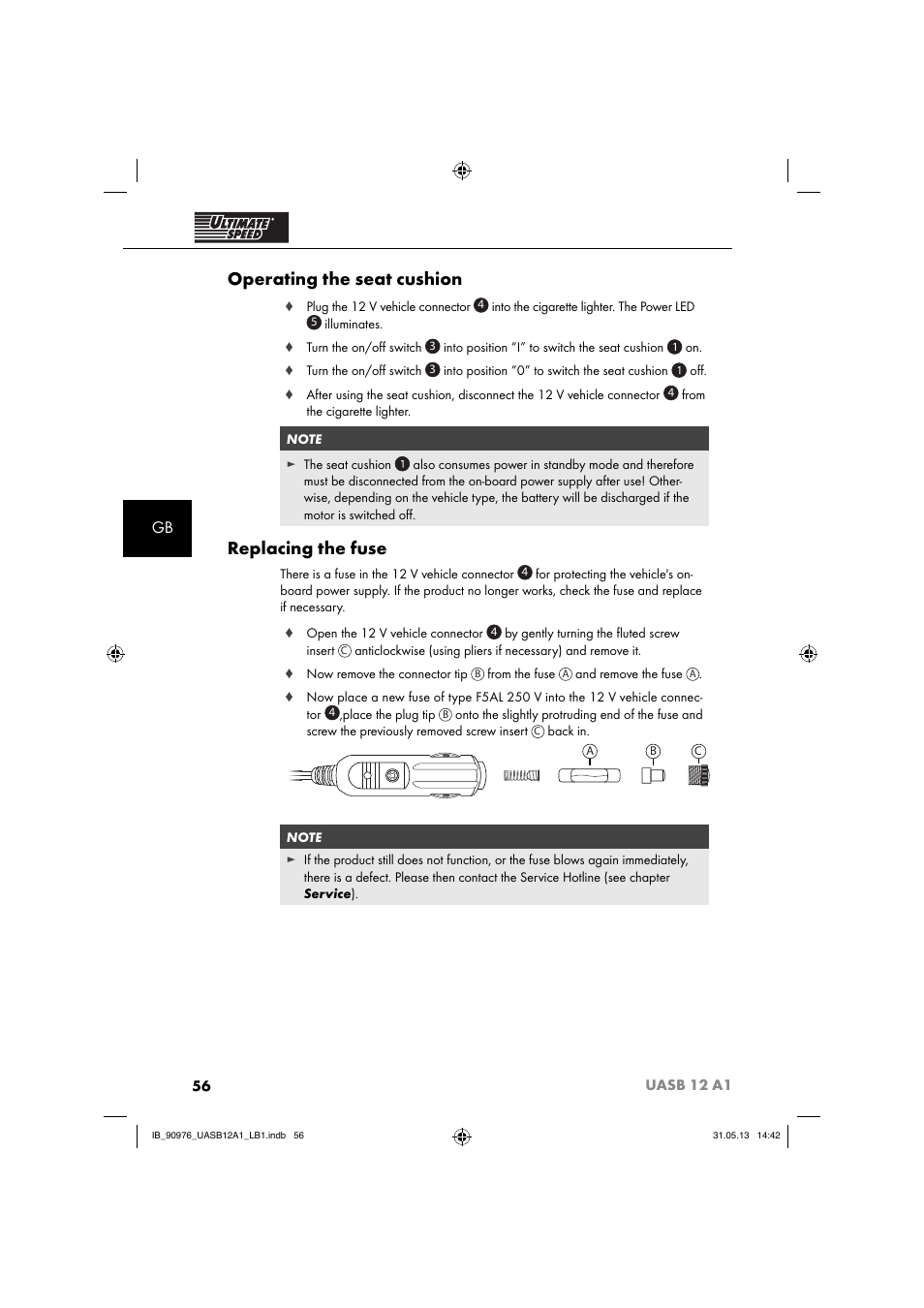 Operating the seat cushion, Replacing the fuse | Ultimate Speed UASB 12 A1 User Manual | Page 59 / 63