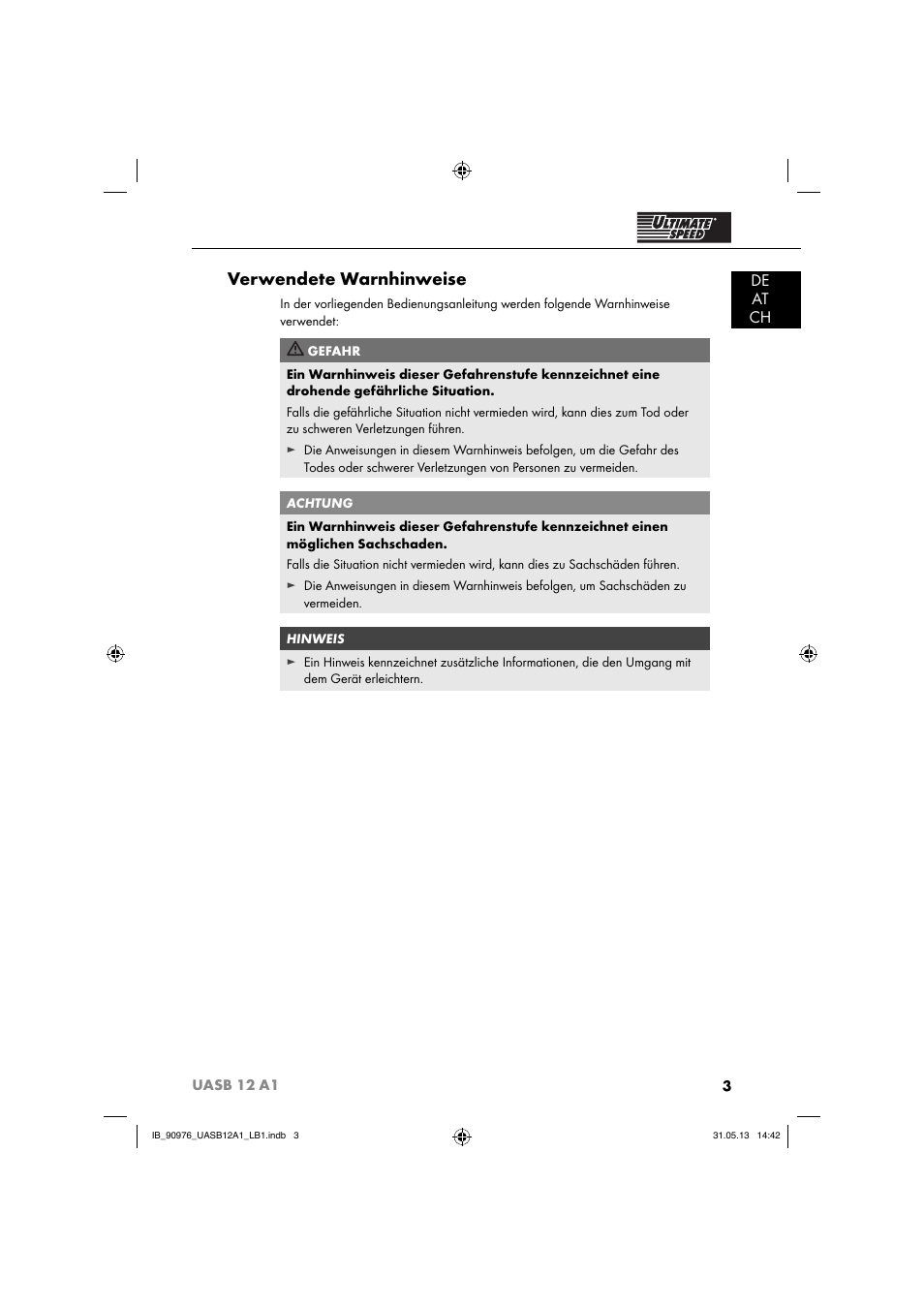 Verwendete warnhinweise, De at ch | Ultimate Speed UASB 12 A1 User Manual | Page 6 / 63