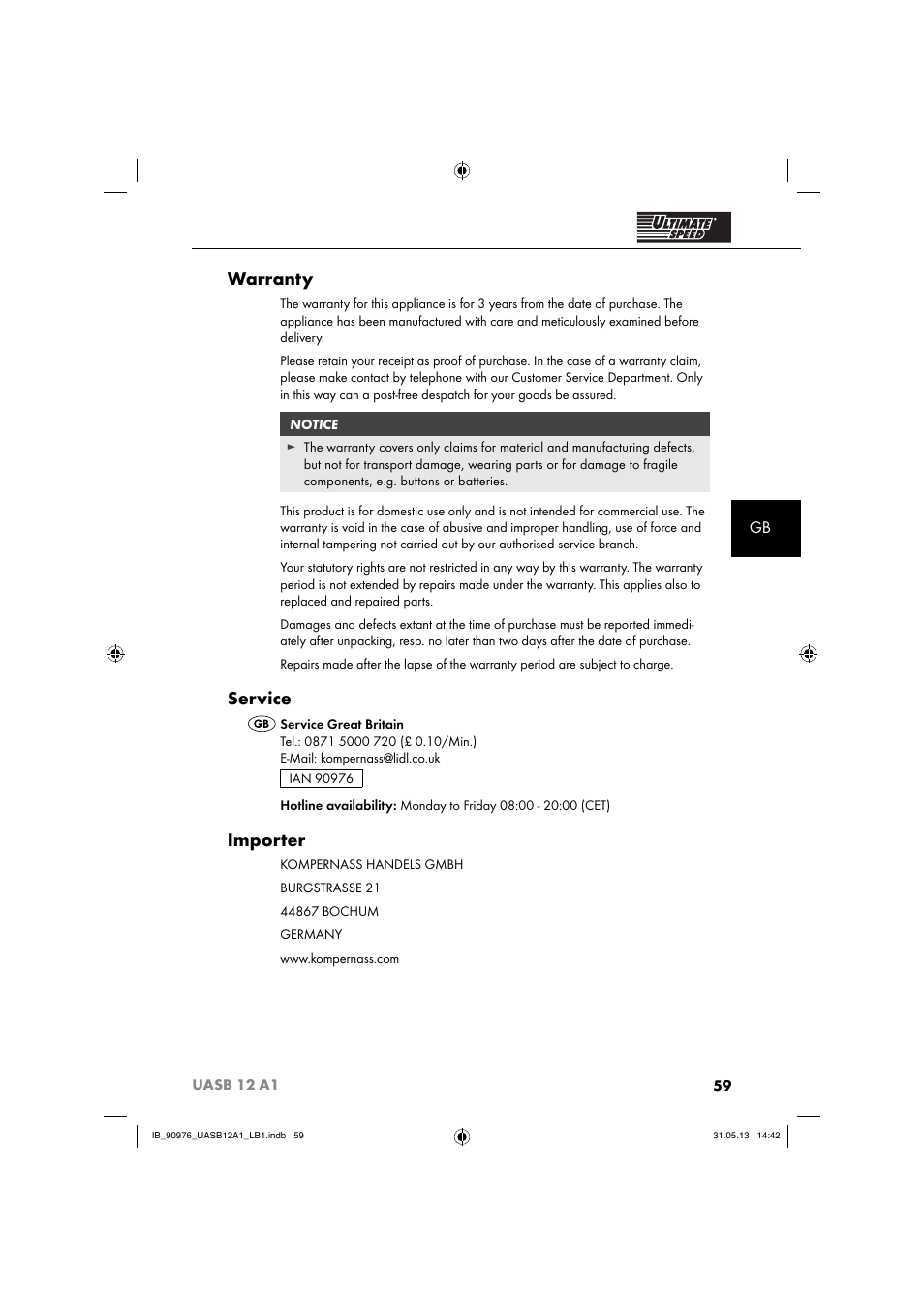Warranty, Service, Importer | Ultimate Speed UASB 12 A1 User Manual | Page 62 / 63