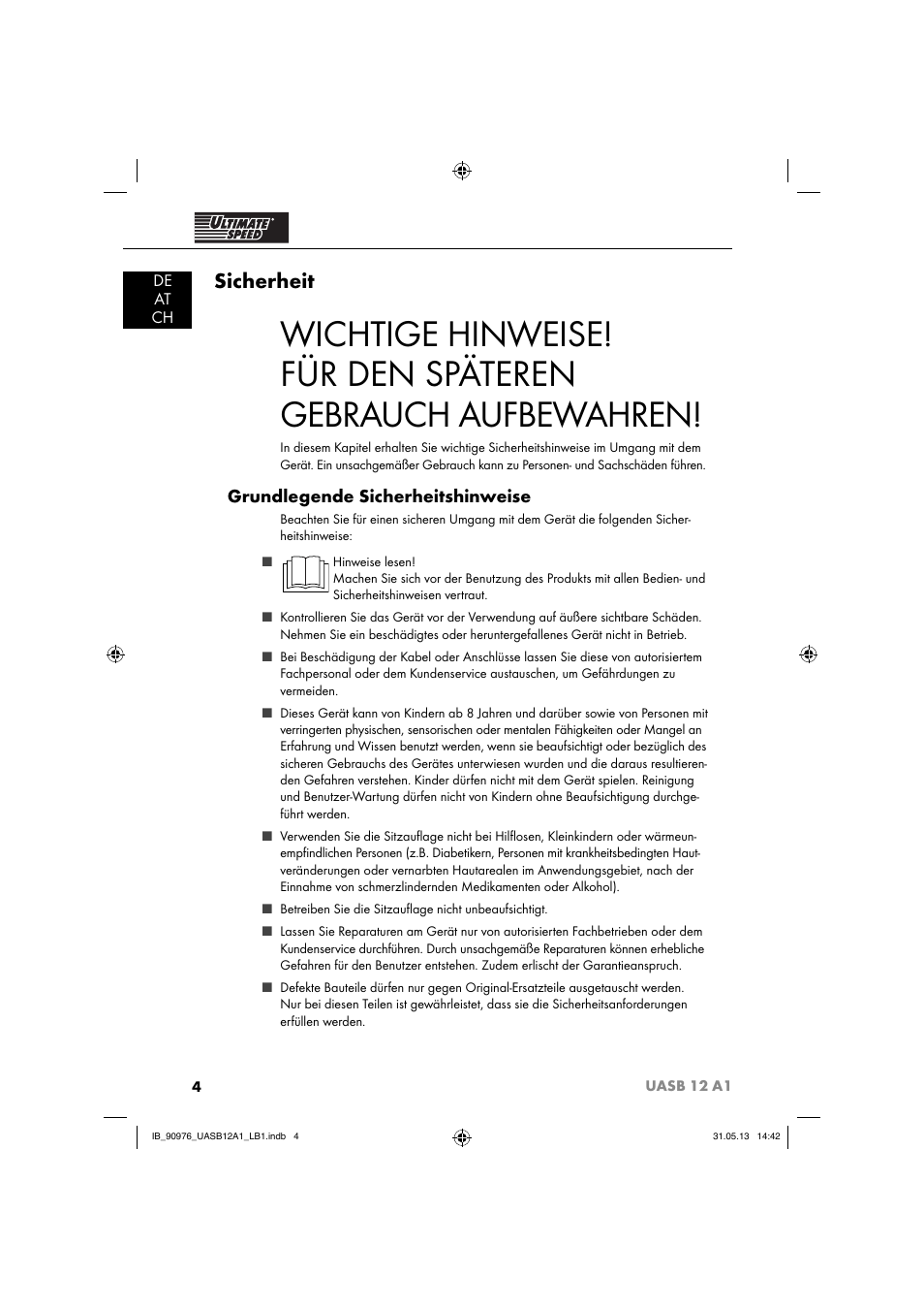 Sicherheit, Grundlegende sicherheitshinweise, De at ch | Ultimate Speed UASB 12 A1 User Manual | Page 7 / 63