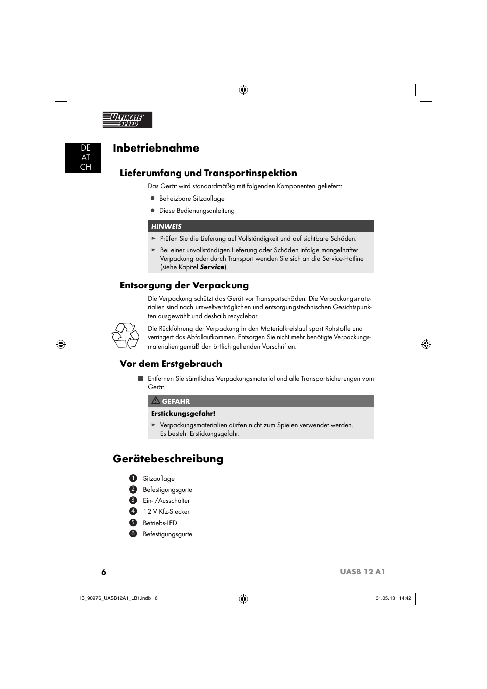 Inbetriebnahme, Gerätebeschreibung, Lieferumfang und transportinspektion | Entsorgung der verpackung, Vor dem erstgebrauch, De at ch | Ultimate Speed UASB 12 A1 User Manual | Page 9 / 63