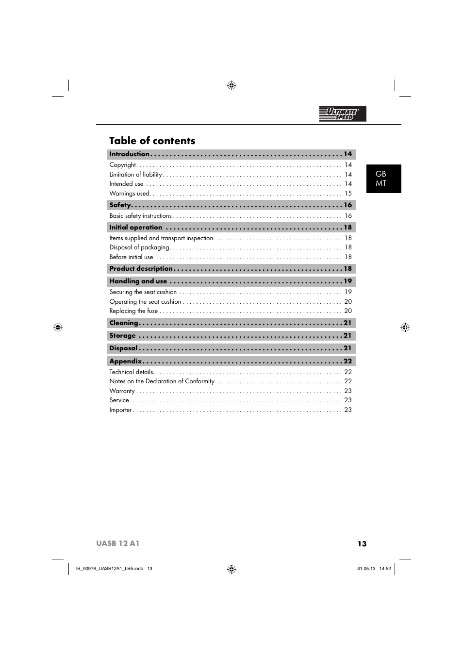 Ultimate Speed UASB 12 A1 User Manual | Page 16 / 39