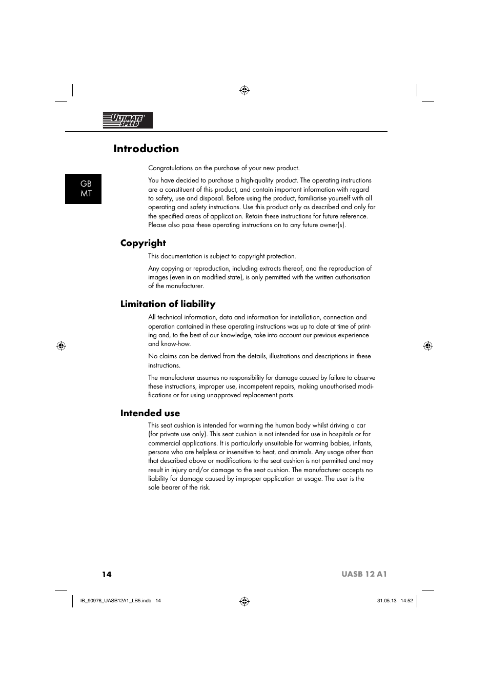 Introduction, Copyright, Limitation of liability | Intended use, Gb mt | Ultimate Speed UASB 12 A1 User Manual | Page 17 / 39