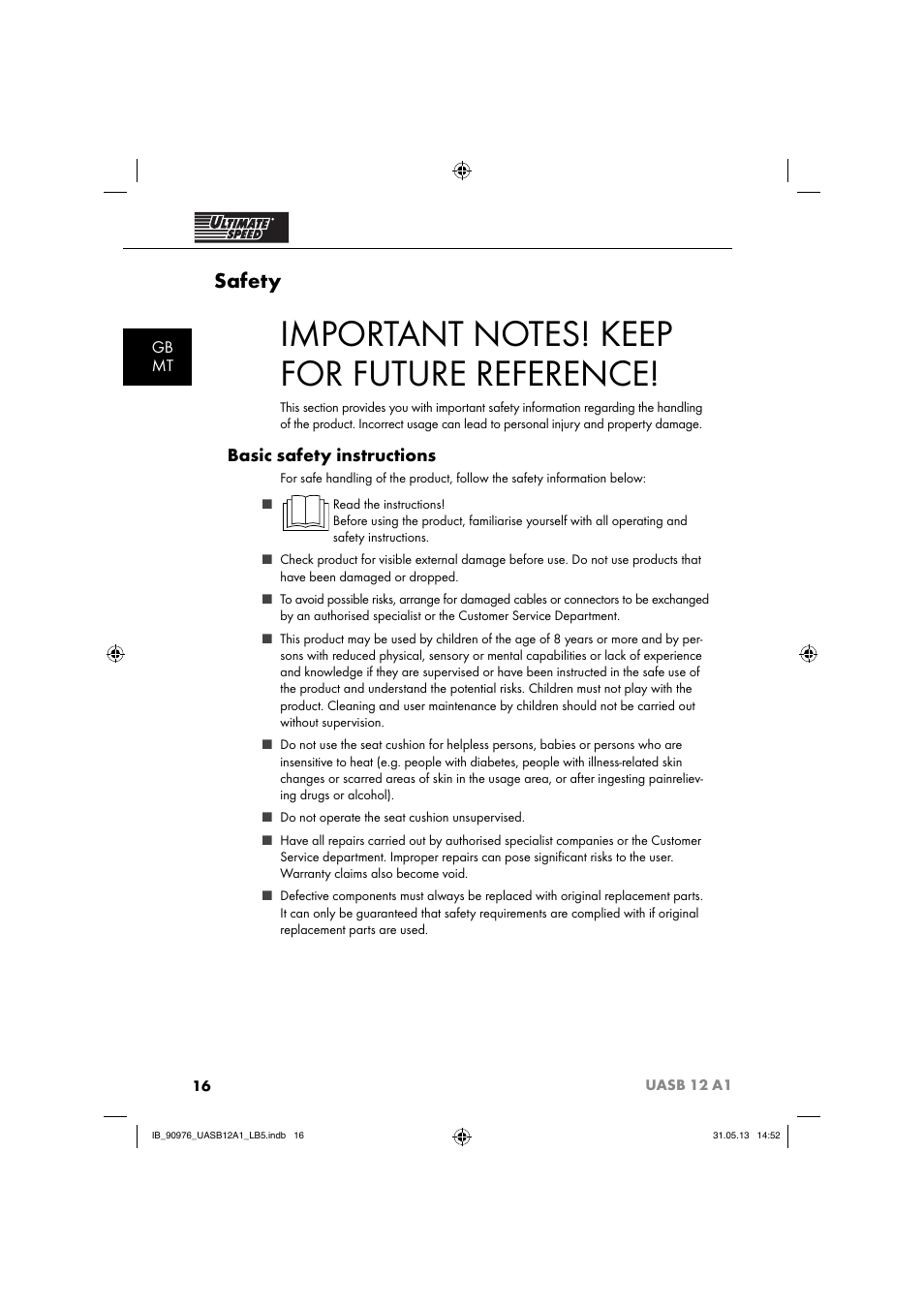 Safety, Basic safety instructions, Gb mt | Ultimate Speed UASB 12 A1 User Manual | Page 19 / 39