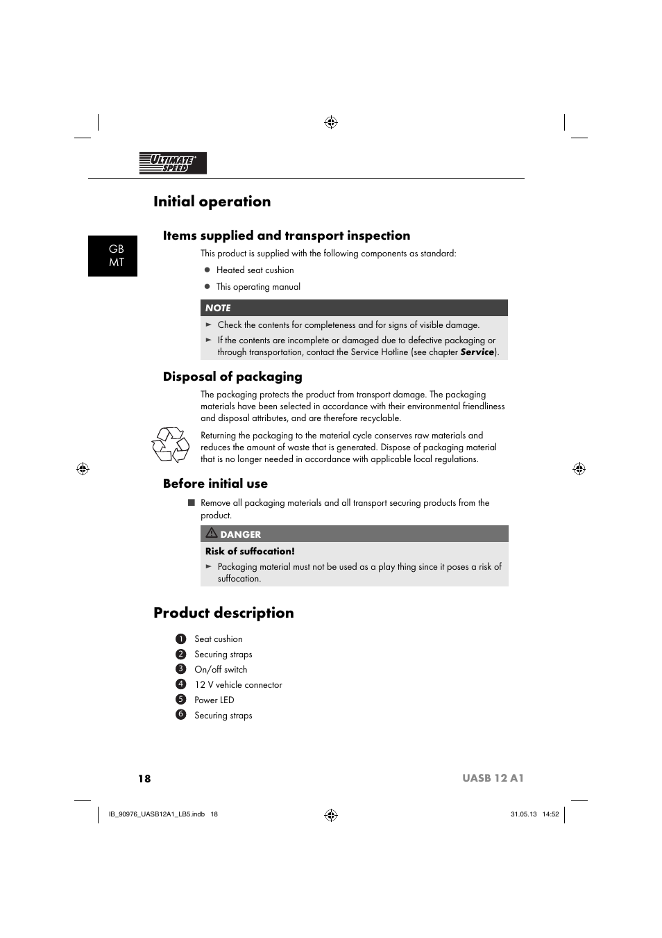 Initial operation, Product description, Items supplied and transport inspection | Disposal of packaging, Before initial use, Gb mt | Ultimate Speed UASB 12 A1 User Manual | Page 21 / 39