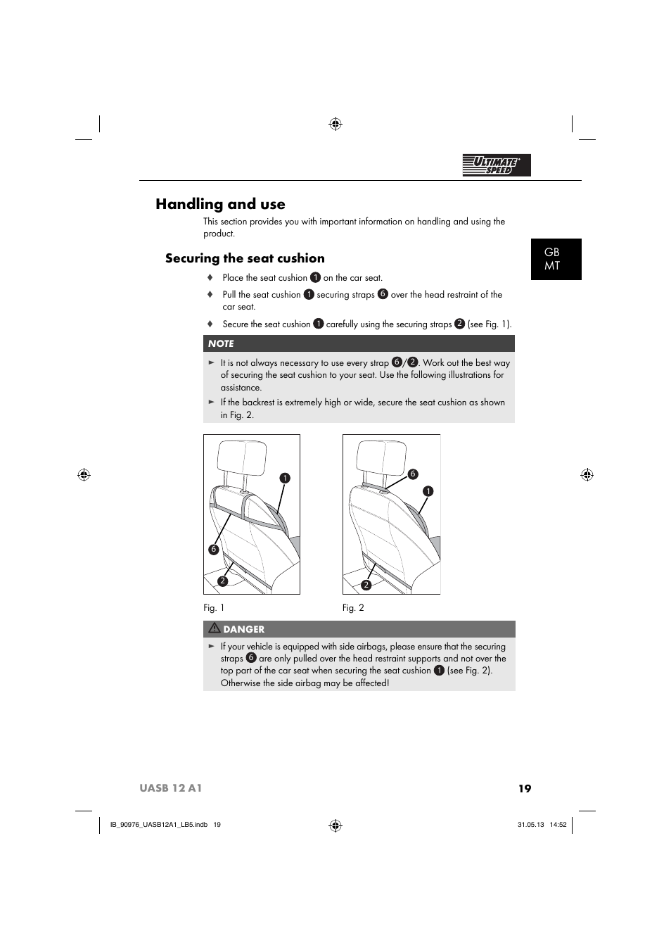 Handling and use, Securing the seat cushion, Gb mt | Ultimate Speed UASB 12 A1 User Manual | Page 22 / 39