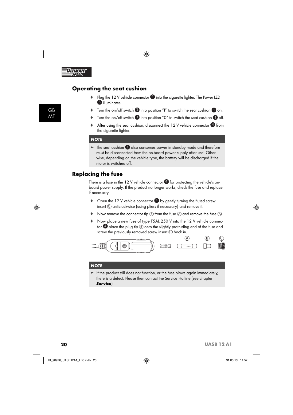 Operating the seat cushion, Replacing the fuse, Gb mt | Ultimate Speed UASB 12 A1 User Manual | Page 23 / 39
