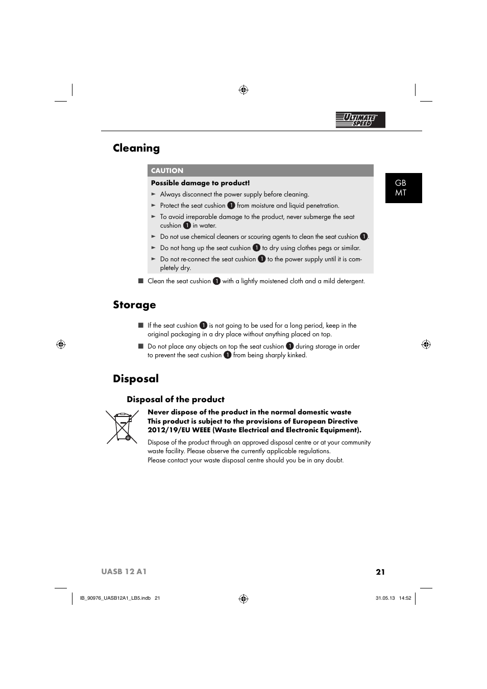 Cleaning, Storage, Disposal | Gb mt, Disposal of the product | Ultimate Speed UASB 12 A1 User Manual | Page 24 / 39