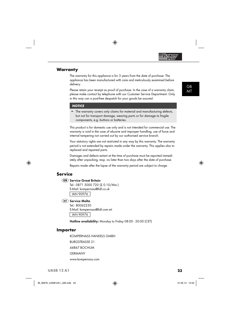 Warranty, Service, Importer | Gb mt | Ultimate Speed UASB 12 A1 User Manual | Page 26 / 39