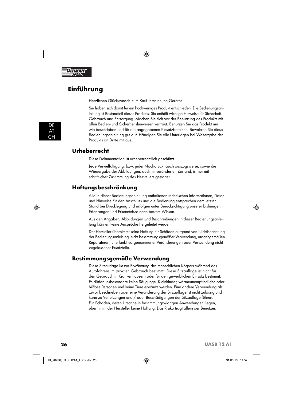 Einführung, Urheberrecht, Haftungsbeschränkung | Bestimmungsgemäße verwendung, De at ch | Ultimate Speed UASB 12 A1 User Manual | Page 29 / 39