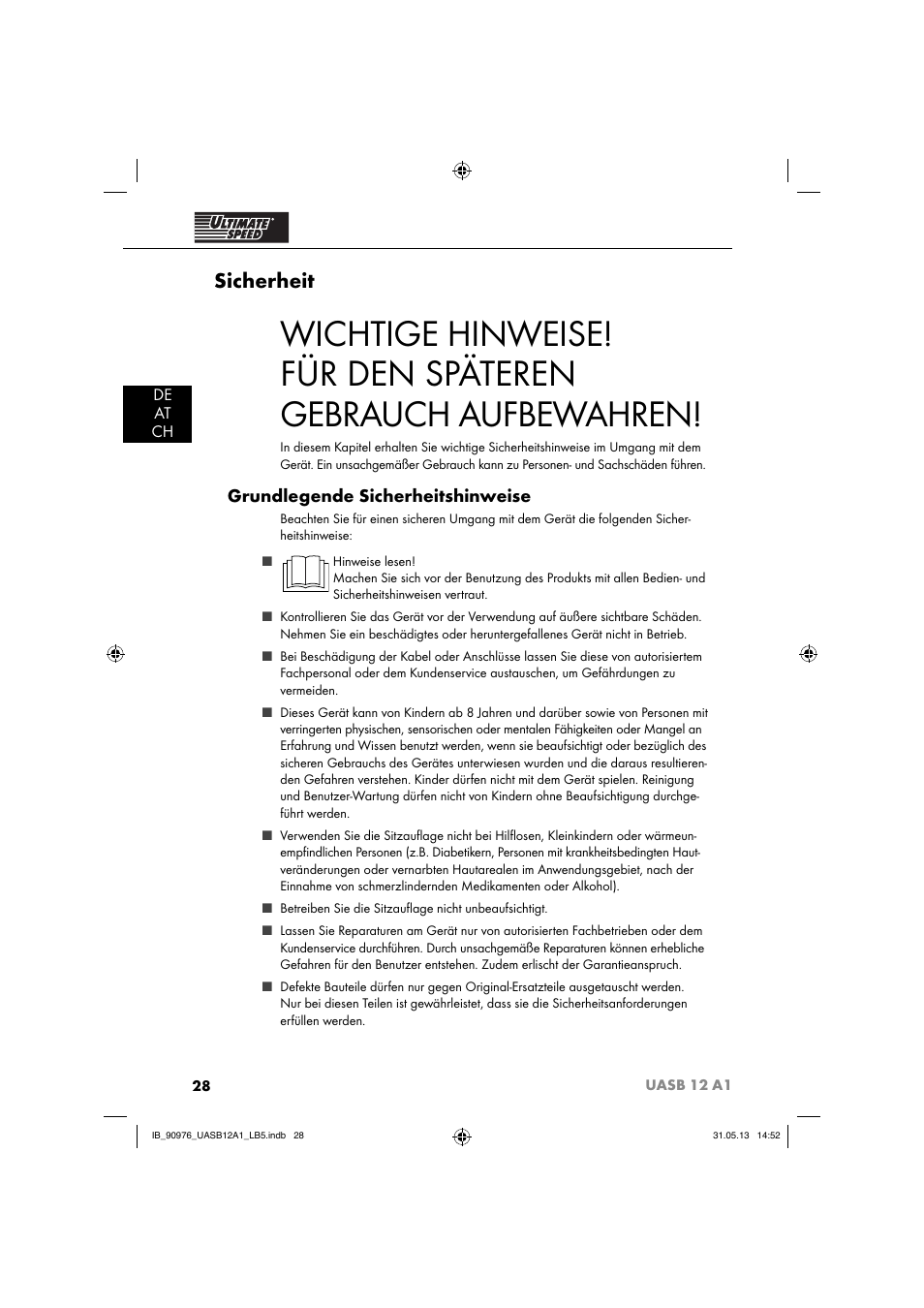 Sicherheit, Grundlegende sicherheitshinweise, De at ch | Ultimate Speed UASB 12 A1 User Manual | Page 31 / 39