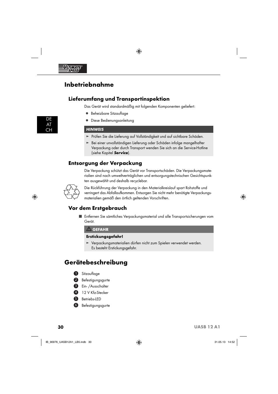 Inbetriebnahme, Gerätebeschreibung, Lieferumfang und transportinspektion | Entsorgung der verpackung, Vor dem erstgebrauch, De at ch | Ultimate Speed UASB 12 A1 User Manual | Page 33 / 39