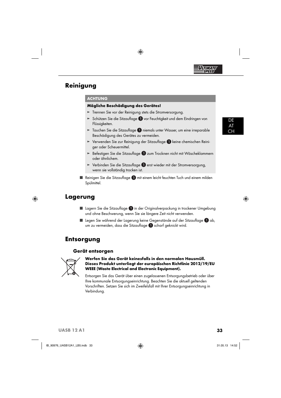 Reinigung, Lagerung, Entsorgung | De at ch, Gerät entsorgen | Ultimate Speed UASB 12 A1 User Manual | Page 36 / 39