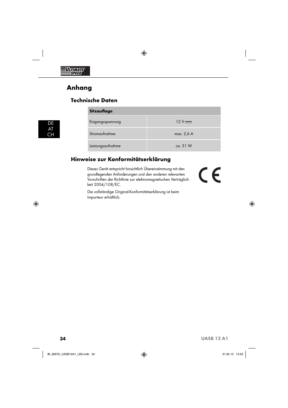 Anhang, Technische daten, Hinweise zur konformitätserklärung | De at ch | Ultimate Speed UASB 12 A1 User Manual | Page 37 / 39