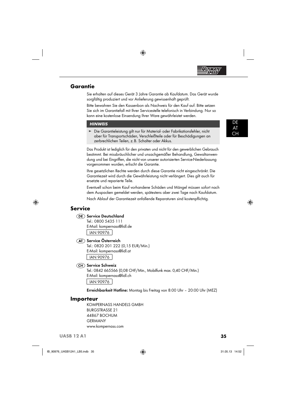 Garantie, Service, Importeur | De at ch | Ultimate Speed UASB 12 A1 User Manual | Page 38 / 39