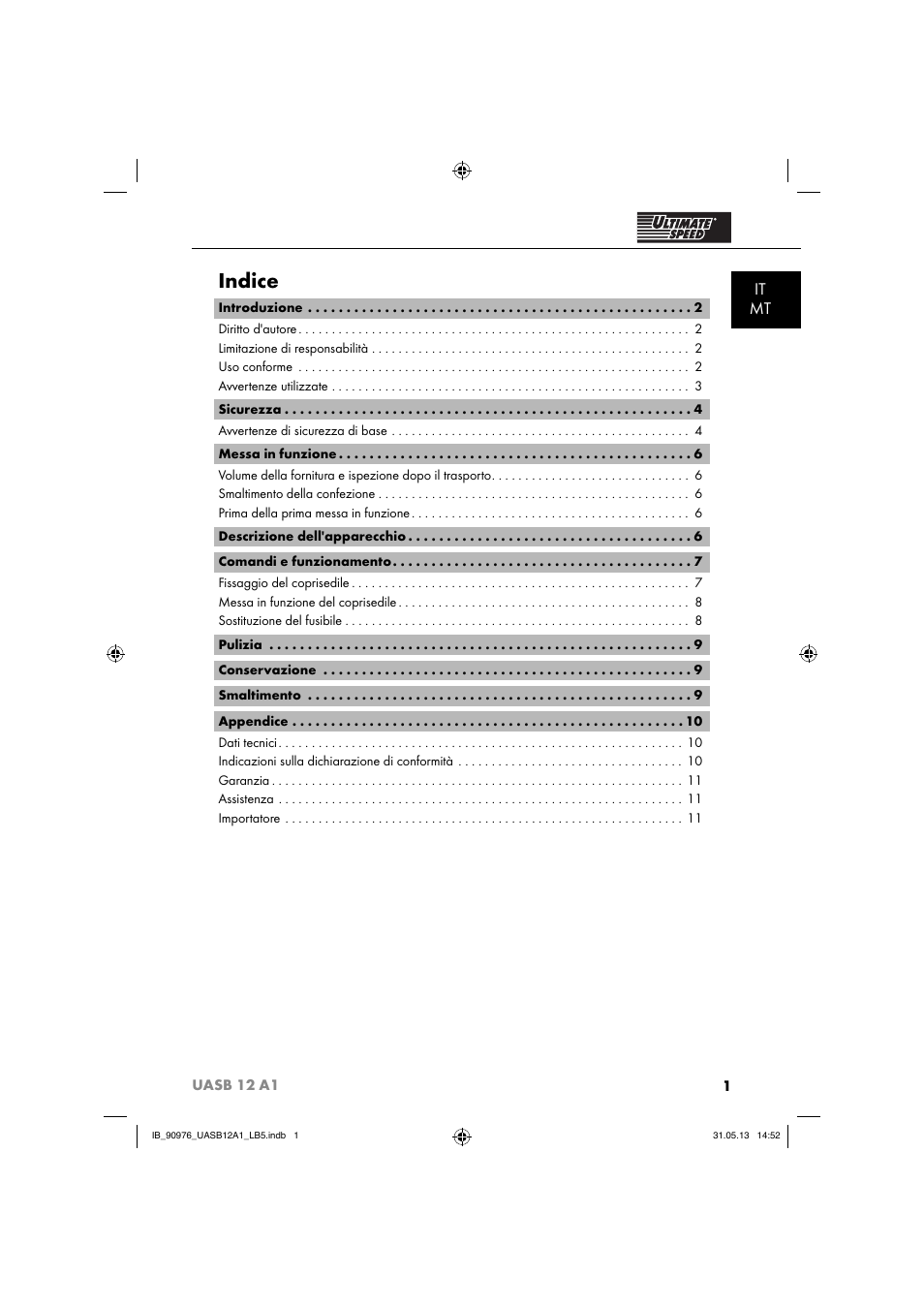 Indice, It mt | Ultimate Speed UASB 12 A1 User Manual | Page 4 / 39