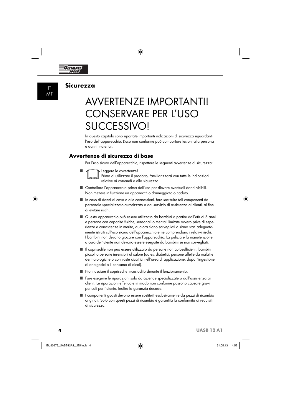 Sicurezza, Avvertenze di sicurezza di base, It mt | Ultimate Speed UASB 12 A1 User Manual | Page 7 / 39