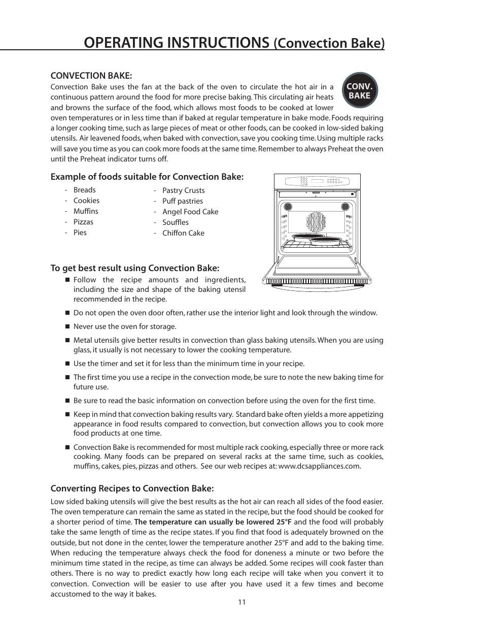 Operating instructions, Convection bake) | DCS WOS-227 User Manual | Page 11 / 26