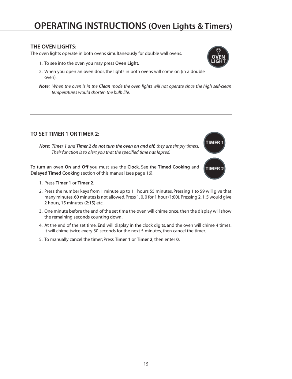 Operating instructions, Oven lights & timers) | DCS WOS-227 User Manual | Page 15 / 26