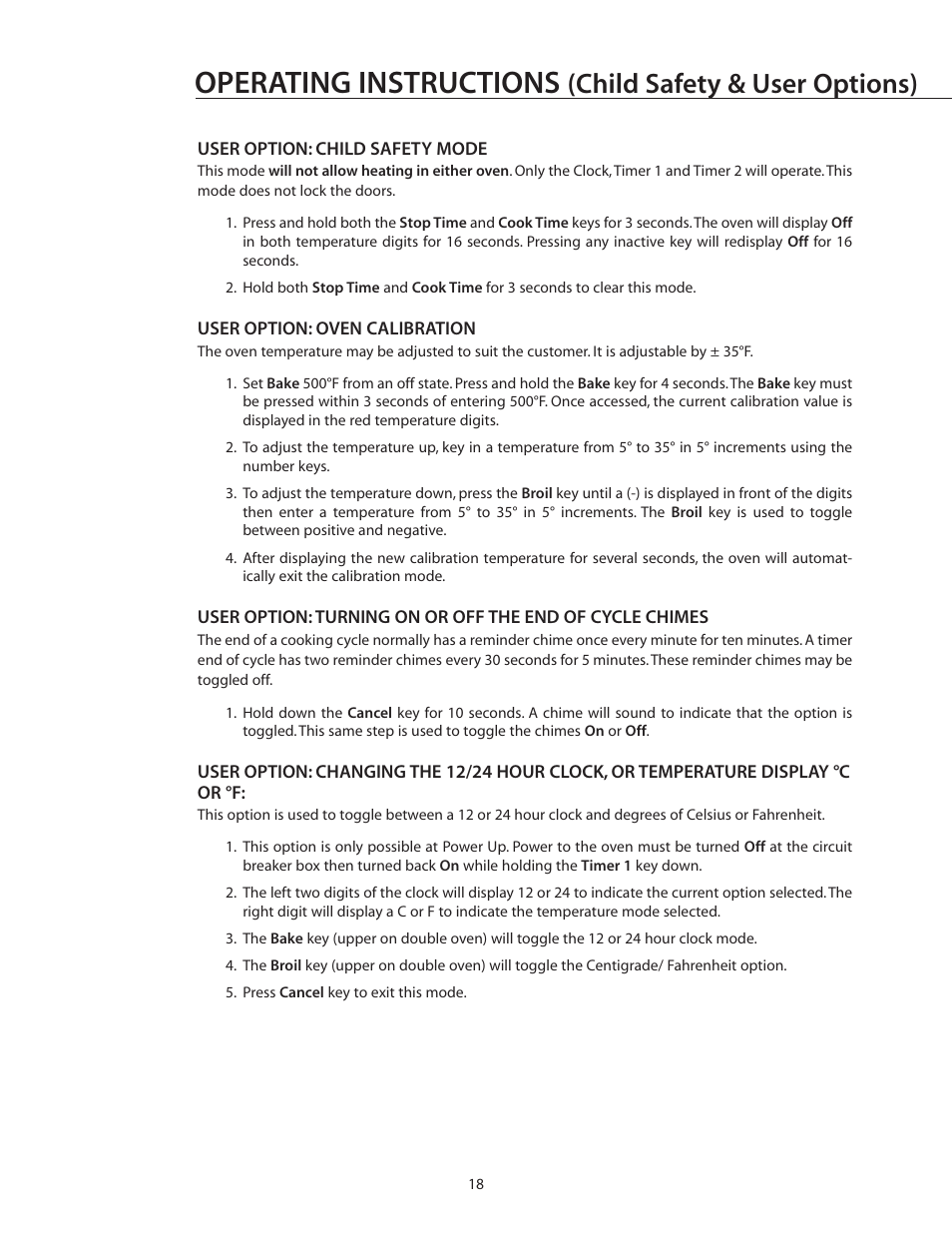 Operating instructions, Child safety & user options) | DCS WOS-227 User Manual | Page 18 / 26