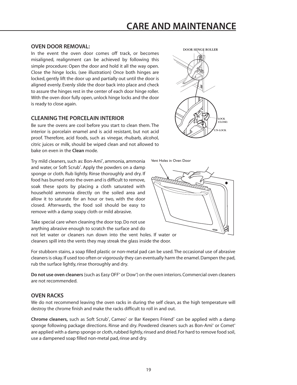 Care and maintenance, Oven door removal, Cleaning the porcelain interior | Oven racks | DCS WOS-227 User Manual | Page 19 / 26