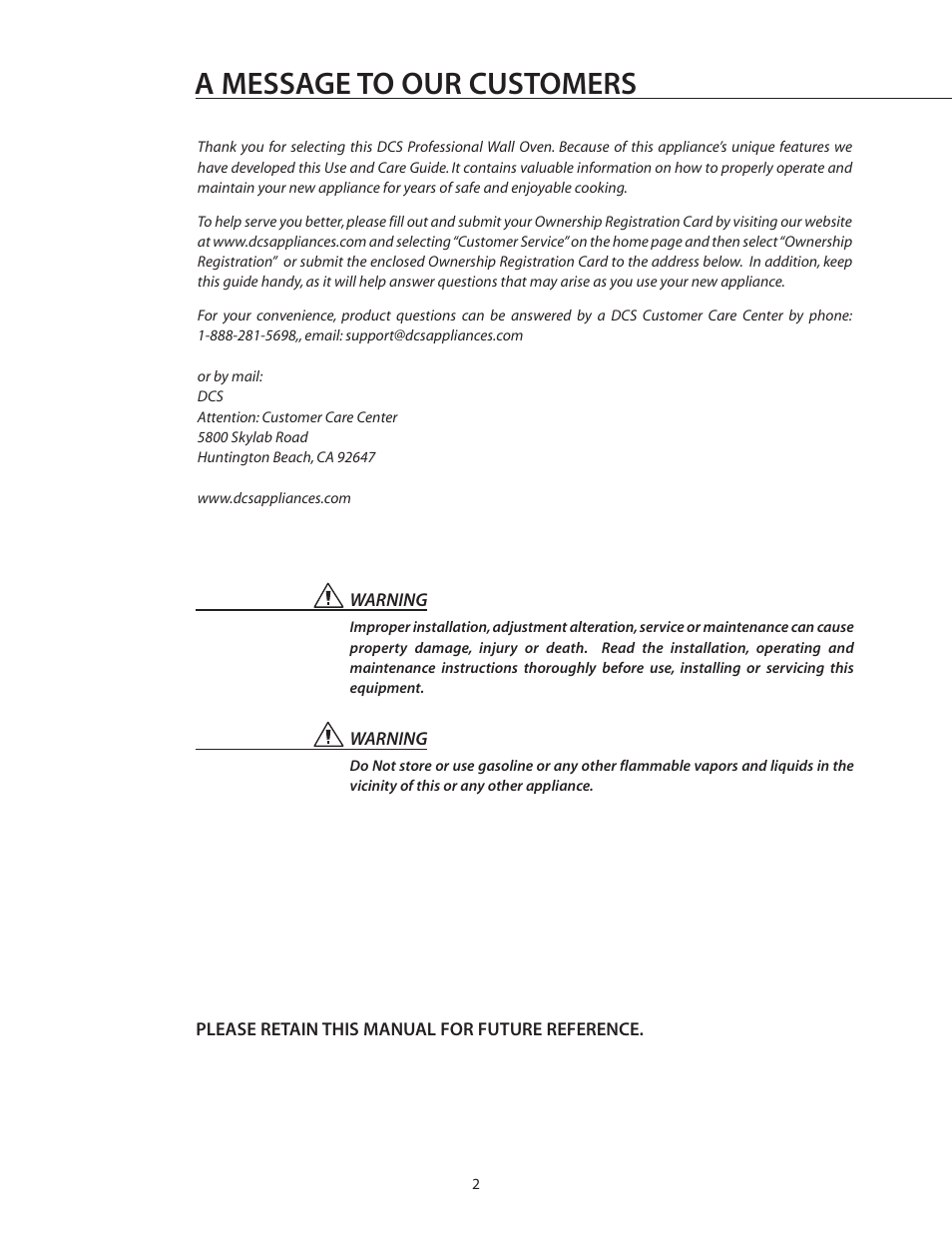 A message to our customers | DCS WOS-227 User Manual | Page 2 / 26