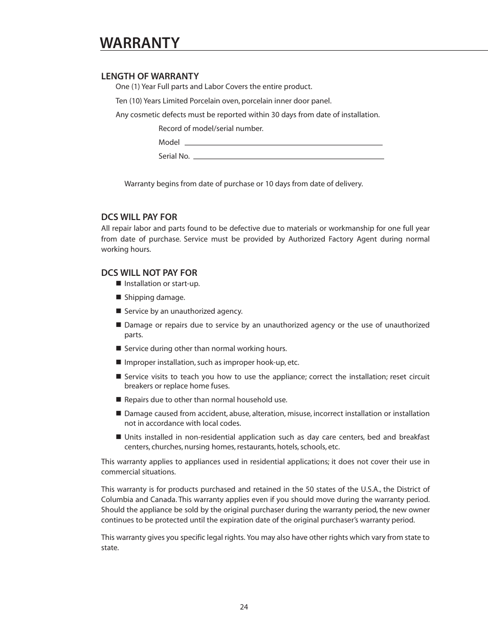 Warranty | DCS WOS-227 User Manual | Page 24 / 26