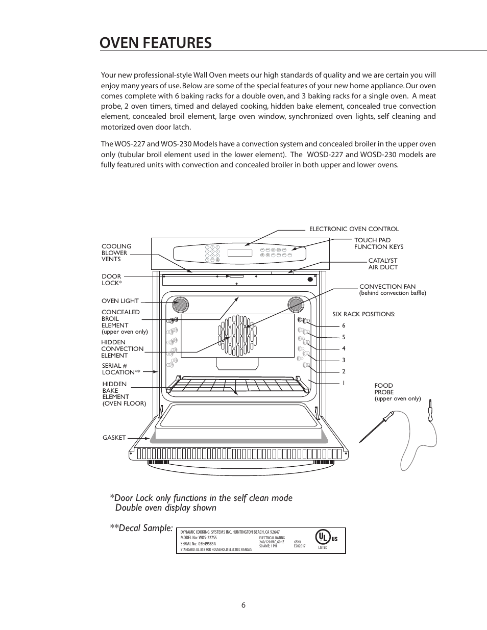 Oven features | DCS WOS-227 User Manual | Page 6 / 26