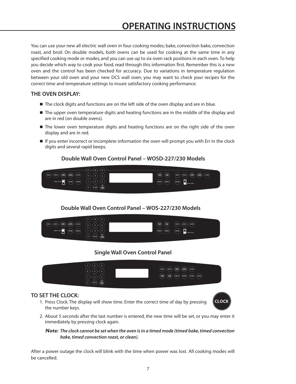 Operating instructions, The oven display, Clock | DCS WOS-227 User Manual | Page 7 / 26