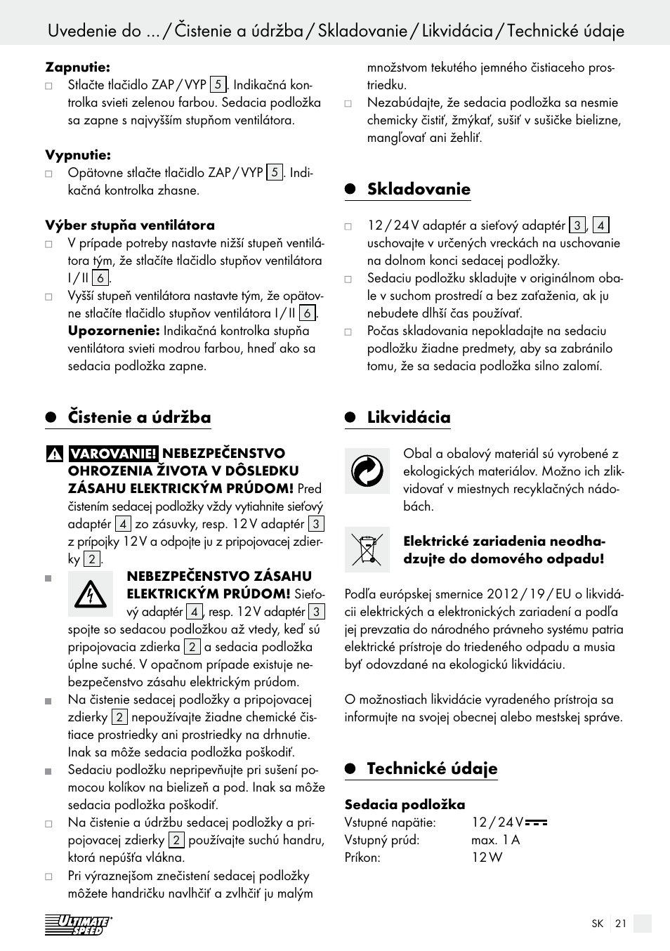 Čistenie a údržba, Skladovanie, Likvidácia | Technické údaje | Ultimate Speed USB 12 A1 User Manual | Page 21 / 30