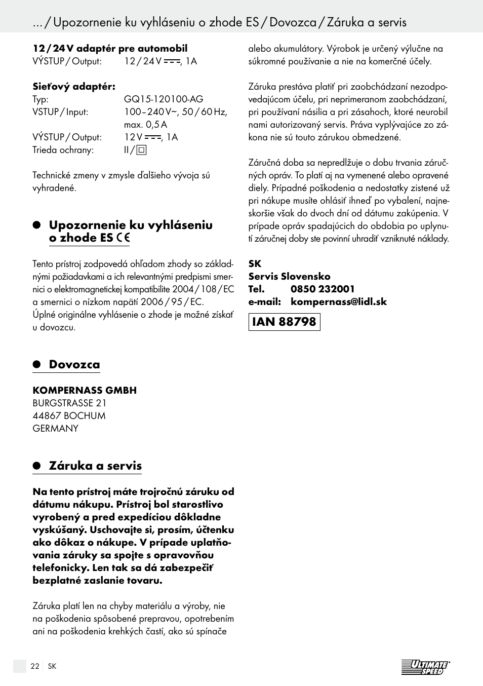 Upozornenie ku vyhláseniu o zhode es, Dovozca, Záruka a servis | Ultimate Speed USB 12 A1 User Manual | Page 22 / 30