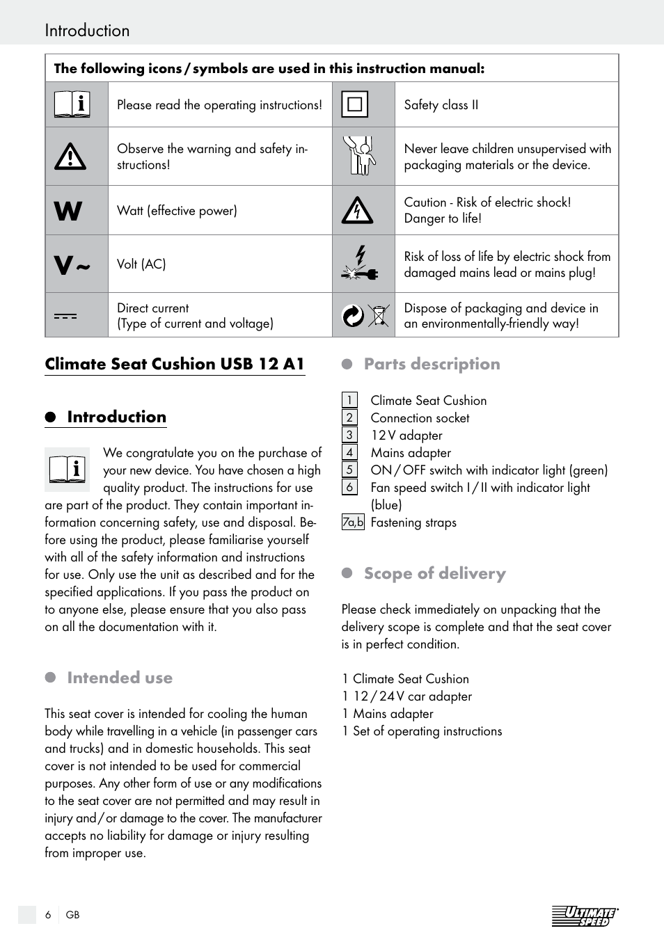 Important safety instructions introduction, Climate seat cushion usb 12 a1 introduction, Intended use | Parts description, Scope of delivery | Ultimate Speed USB 12 A1 User Manual | Page 6 / 30