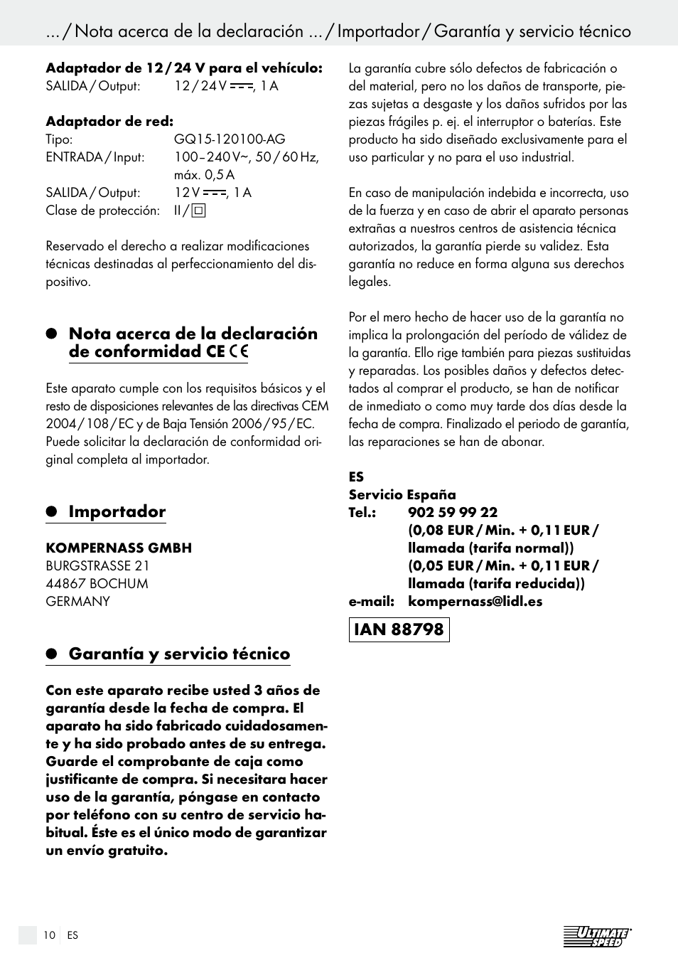 Índice, Nota acerca de la declaración de conformidad ce, Importador | Garantía y servicio técnico | Ultimate Speed USB 12 A1 User Manual | Page 10 / 30