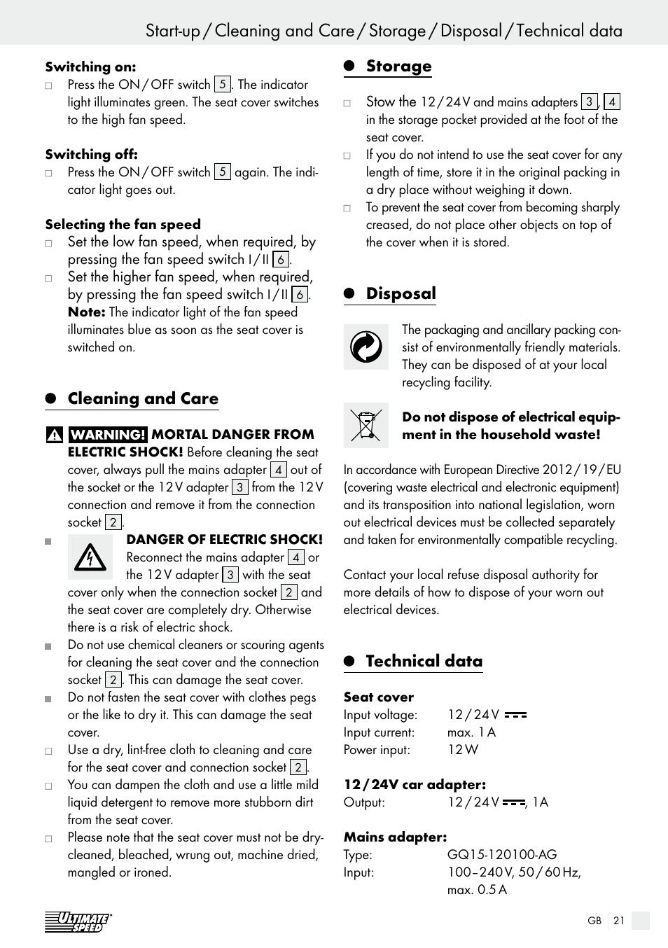 Safety instructions for road safety / start-up, Cleaning and care, Storage | Disposal, Technical data | Ultimate Speed USB 12 A1 User Manual | Page 21 / 30