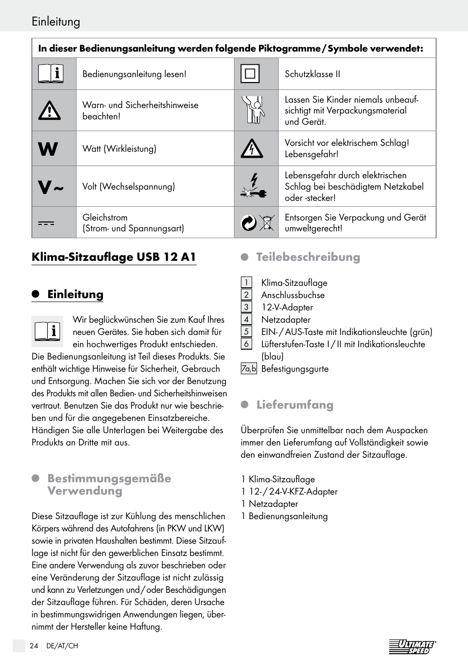 Wichtige sicherheitshinweise, Klima-sitzauflage usb 12 a1, Einleitung | Bestimmungsgemäße verwendung, Teilebeschreibung, Lieferumfang | Ultimate Speed USB 12 A1 User Manual | Page 24 / 30