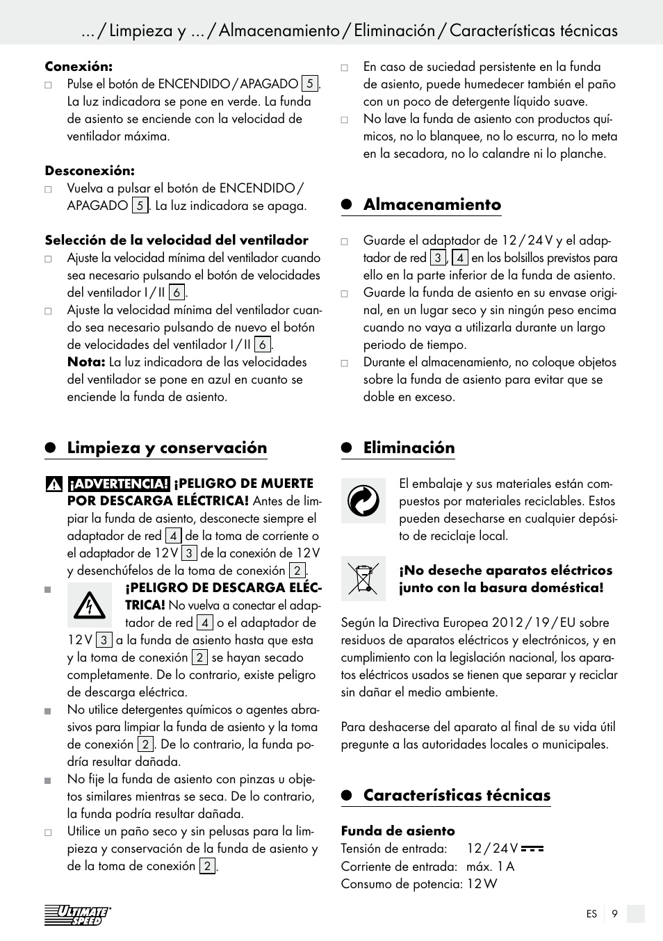 Limpieza y conservación, Almacenamiento, Eliminación | Características técnicas | Ultimate Speed USB 12 A1 User Manual | Page 9 / 30