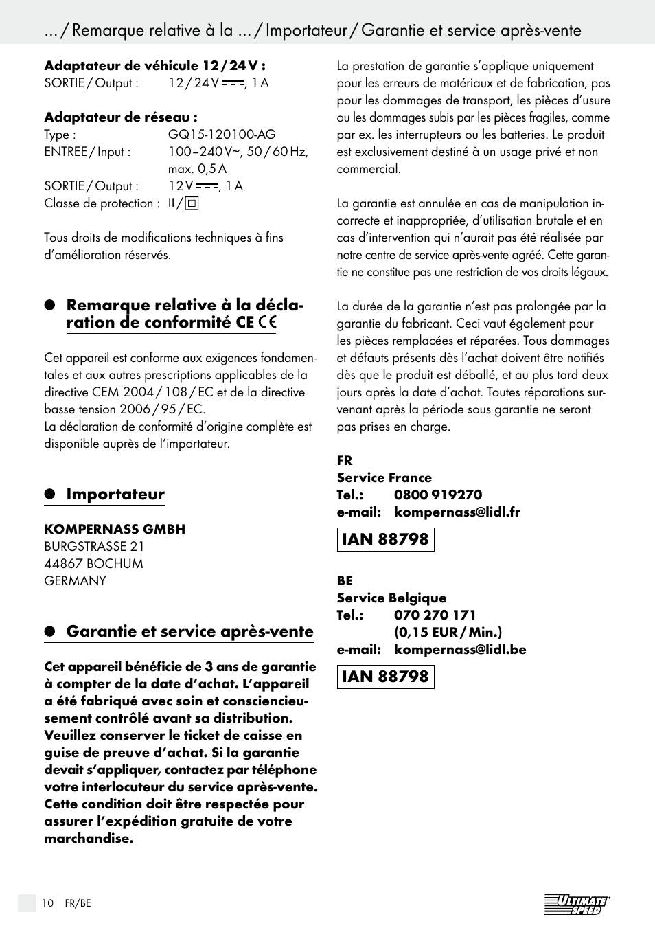 Inhoudsopgave, Importateur, Garantie et service après-vente | Ultimate Speed USB 12 A1 User Manual | Page 10 / 31