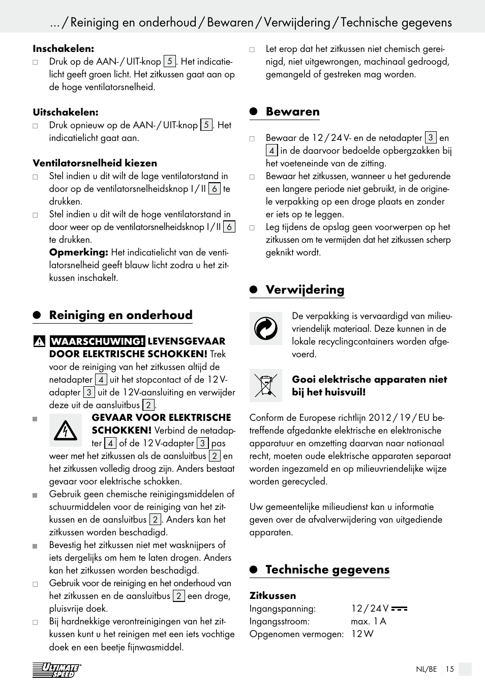 Reiniging en onderhoud, Bewaren, Verwijdering | Technische gegevens | Ultimate Speed USB 12 A1 User Manual | Page 15 / 31