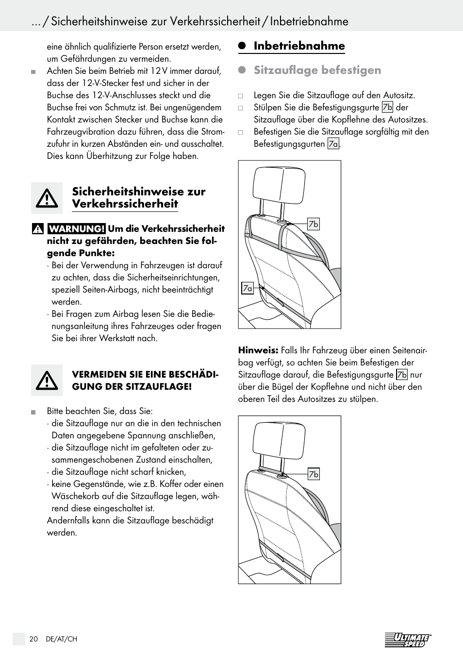 Sicherheitshinweise zur verkehrssicherheit, Inbetriebnahme sitzauflage befestigen | Ultimate Speed USB 12 A1 User Manual | Page 20 / 31