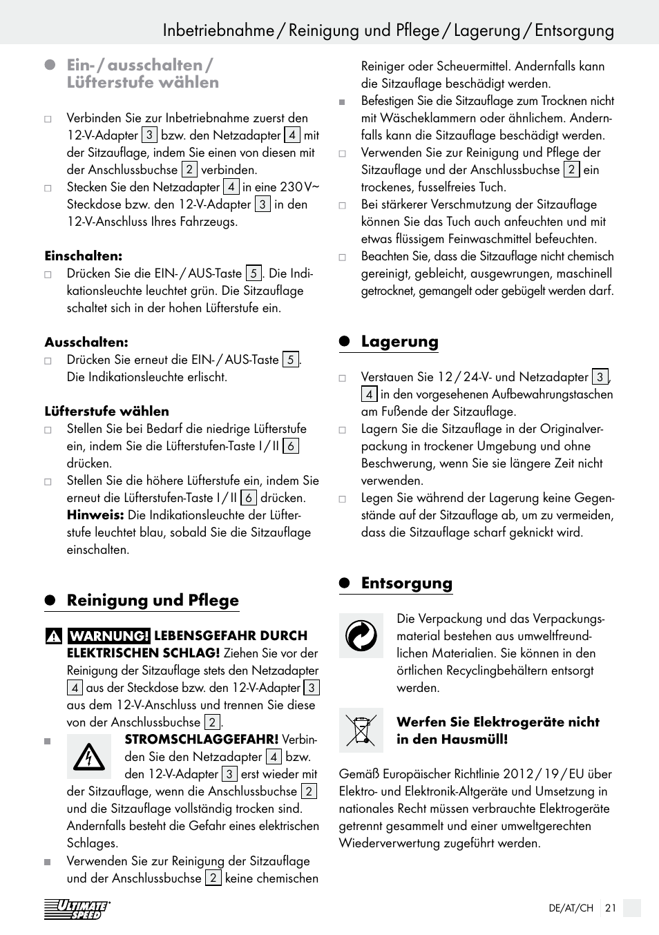 Ein- / ausschalten / lüfterstufe wählen, Reinigung und pflege, Lagerung | Entsorgung | Ultimate Speed USB 12 A1 User Manual | Page 21 / 31