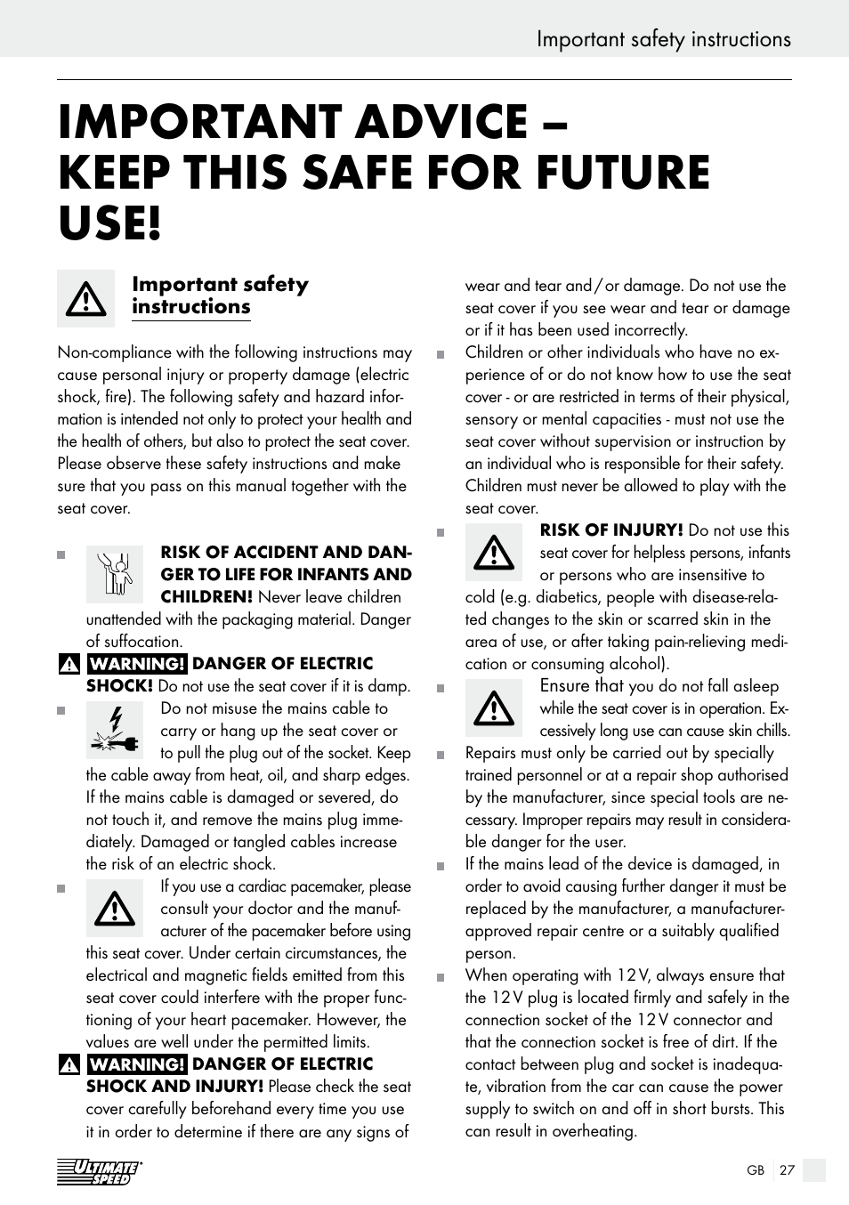 Important advice – keep this safe for future use, Important safety instructions introduction | Ultimate Speed USB 12 A1 User Manual | Page 27 / 31