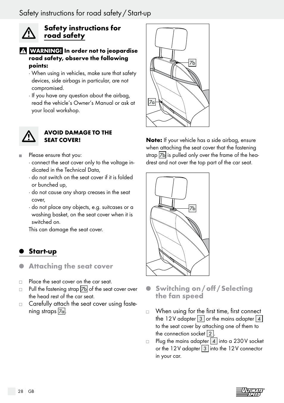 Safety instructions for road safety, Start-up attaching the seat cover, Switching on / off / selecting the fan speed | Ultimate Speed USB 12 A1 User Manual | Page 28 / 31