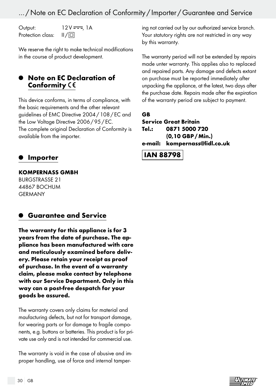 Importer, Guarantee and service | Ultimate Speed USB 12 A1 User Manual | Page 30 / 31